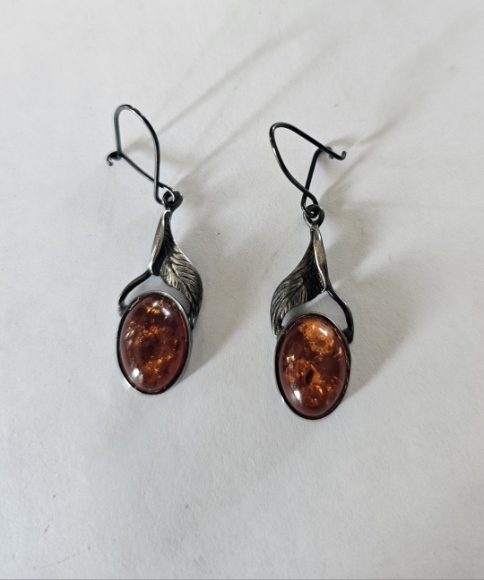 A Pair of Amber Stone Tear Drop Earrings Silver - 925