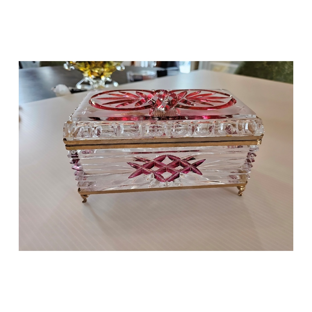 1950 Vintage Hand-Cut Lead Crystal and Brass Hinged Trinket Box 7" x 4 1/2